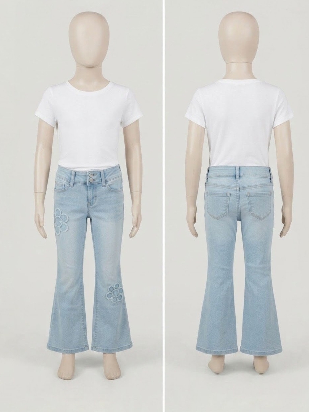 SO Charming Girls Light Wash Blue Flare Leg Jeans Floral Applique -Size 7